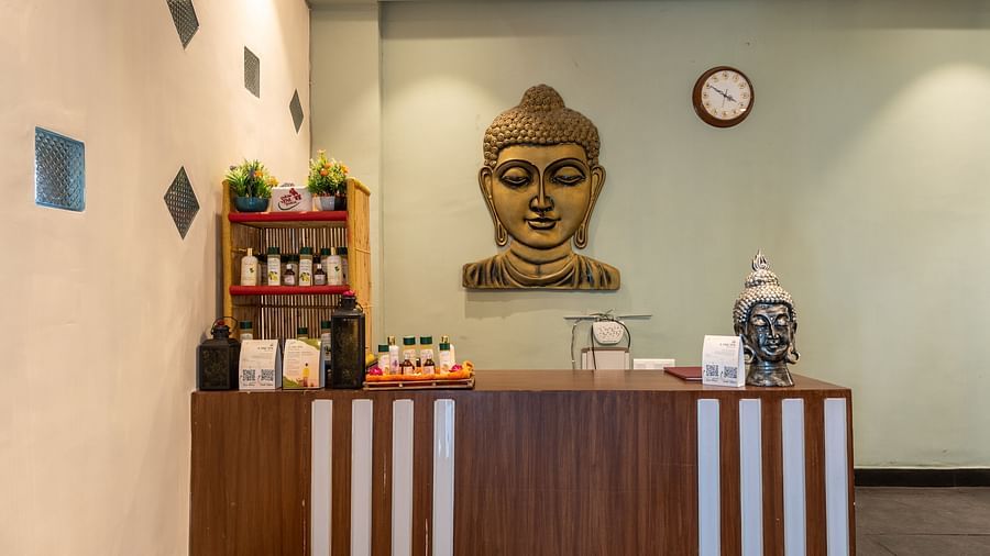 Reception desk at the spa at DLS Highland Resort and Spa, Mussoorie.